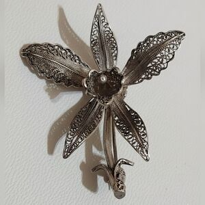 ​Vintage Carl Bucherer CB 800 Silver Filigree Orchid Brooch Pin Antique